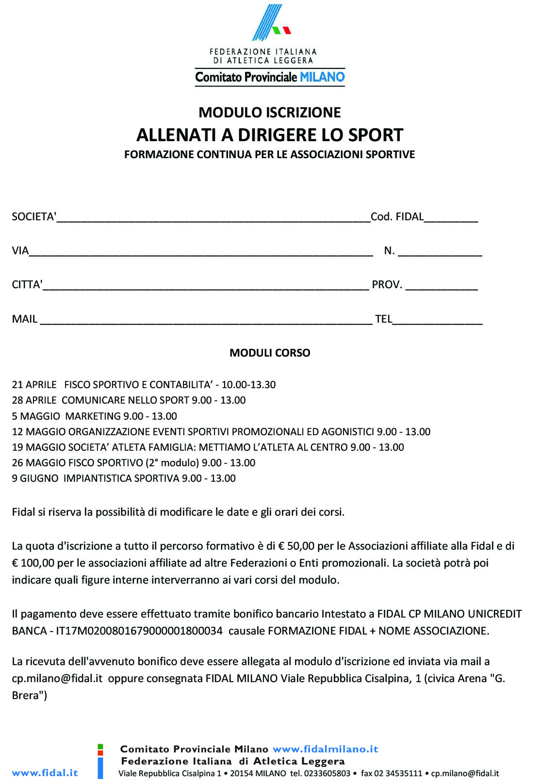 MODULO ISCRIZIONE FORMAZIONE FIDAL 1